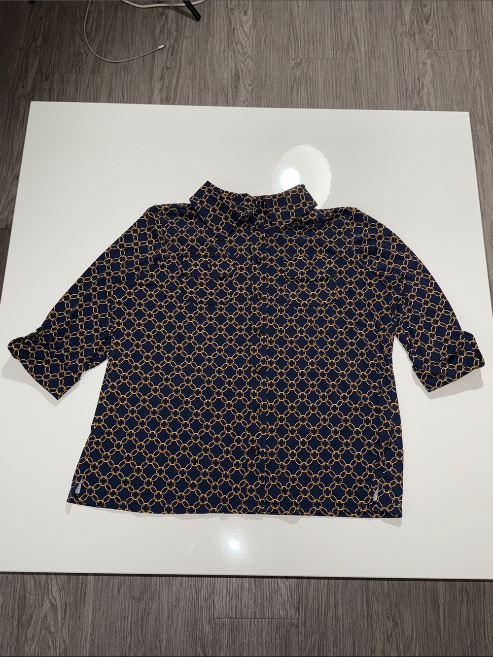 Charter Club women Navy Blue Mock Neck Chain-Link Print Top Sz 1X